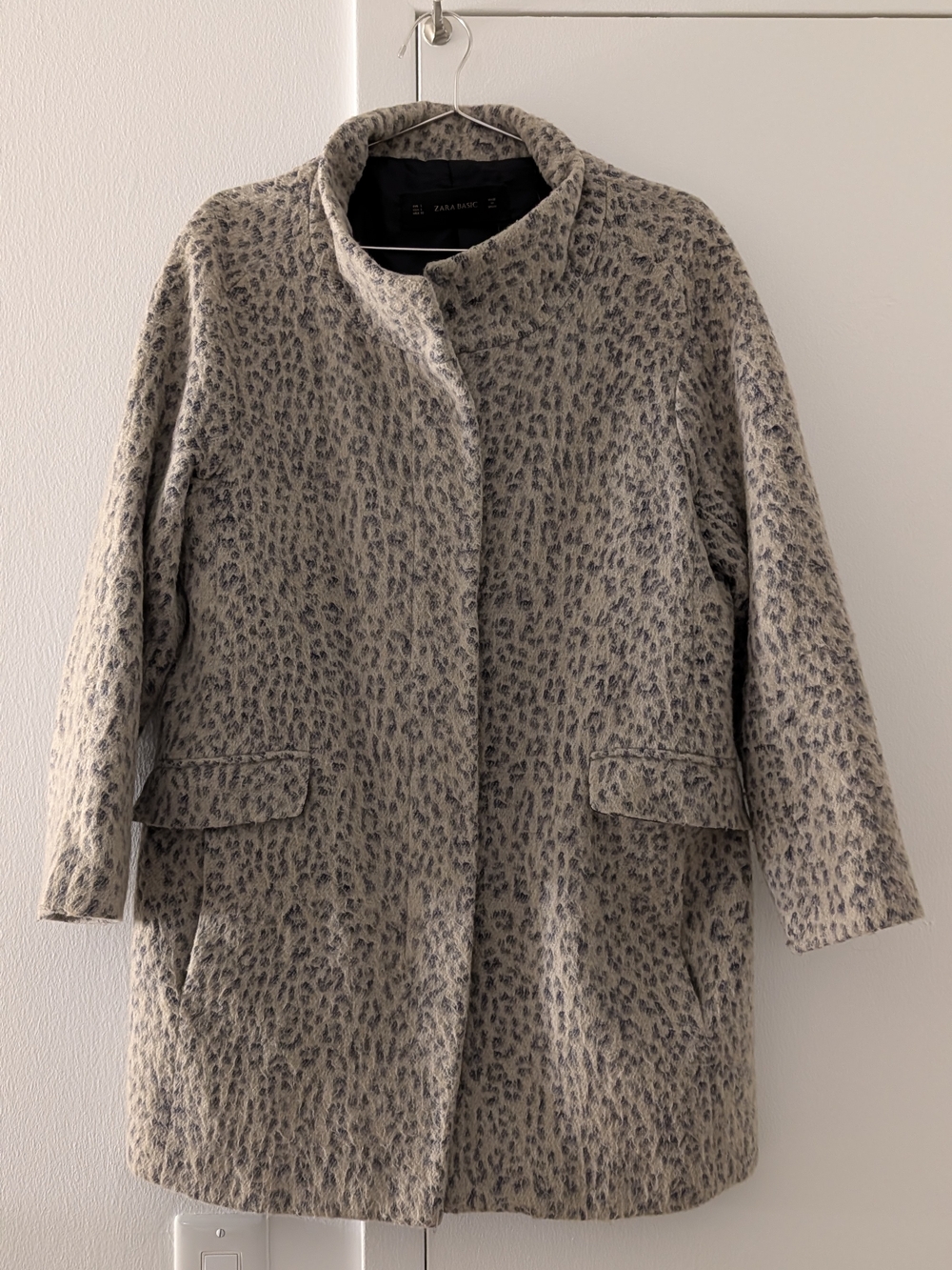 Zara Beige and Gray Leopard-Print Wool Blend Pea Coat